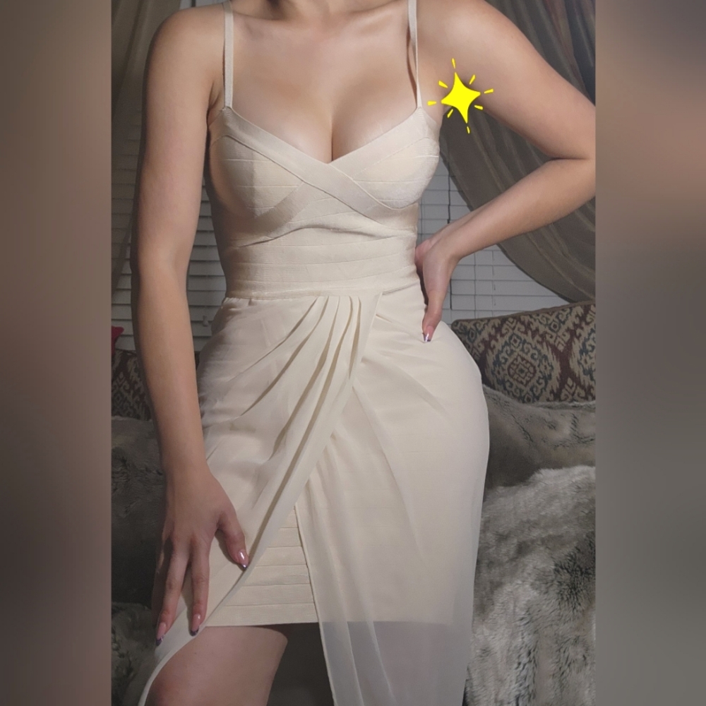 Bandage beige bebe dress drape bandage wrap dress